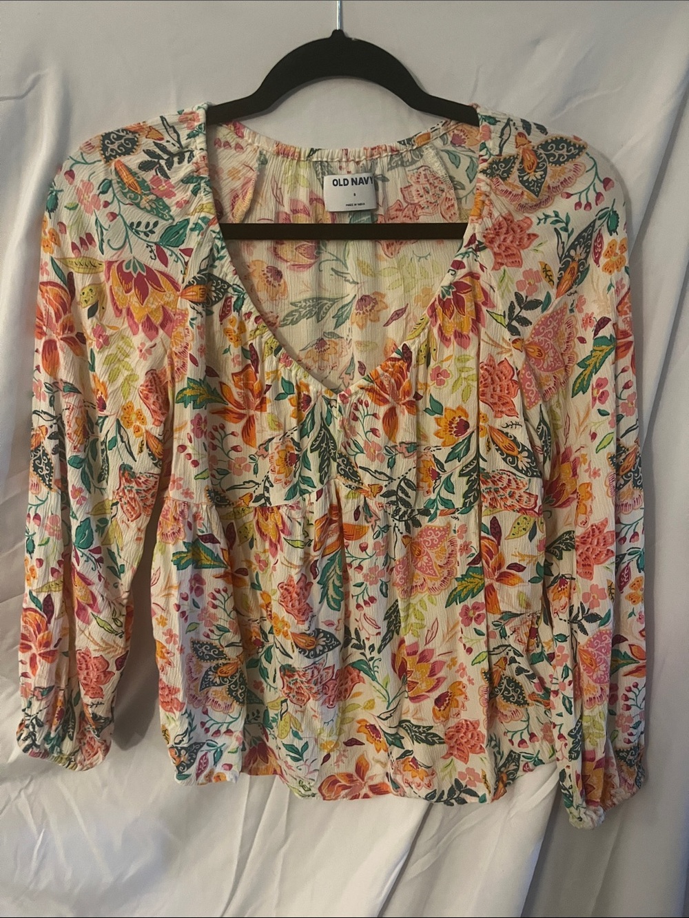 Old Navy Floral V-Neck Peasant Blouse - Cream with Pink, Orange & Green